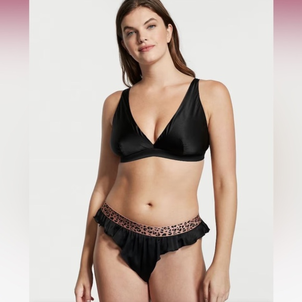 NWOT 100% Washable Silk Black & Leopard Print Bra and Velvet Thong Pajama Set
